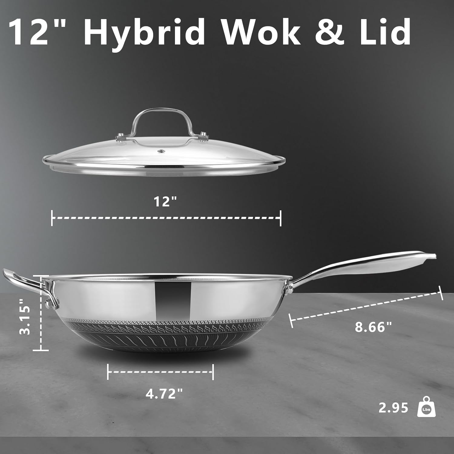 Hybrid 12 Inch Wok Pan with Lid, 5QT Stainless Steel Deep Woks & Stir-fry Pans with Flat Bottom, Stay-Cool Handle, Induction & Dishwasher & Oven Safe, Non Toxic, PFOA Free Skillet Cookware - Image 7