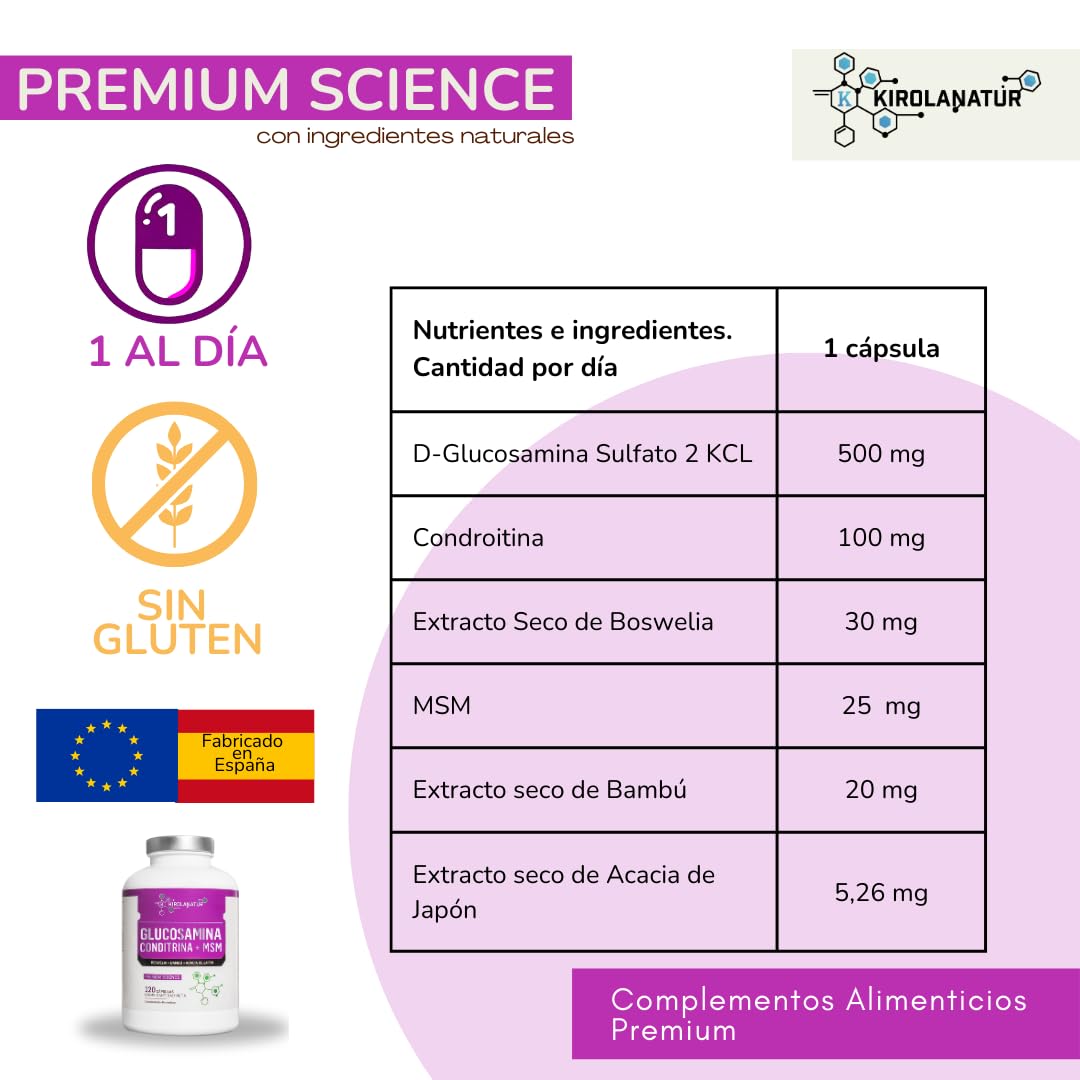Glucosamina Condritina con Boswellia - Apoyo Articular - Fortalece tus cartilagos - Antiinflamatorio Natural – 120 Capsulas | KIROLANATUR