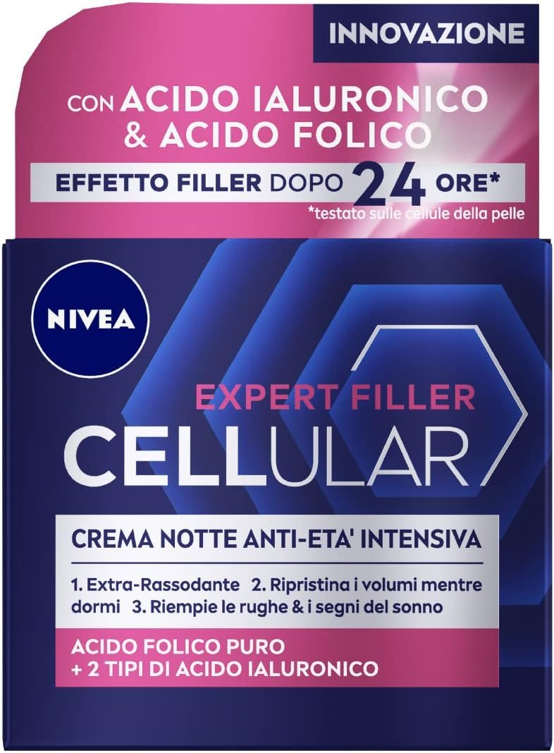 NIVEA CELLULAR EXPERT FILLER Crema Notte Anti-Età Intensiva SPF 15 50ml, Crema viso antirughe rassodante, Crema viso Acido Ialuronico e Acido Folico Puro, Crema viso notte anti-age