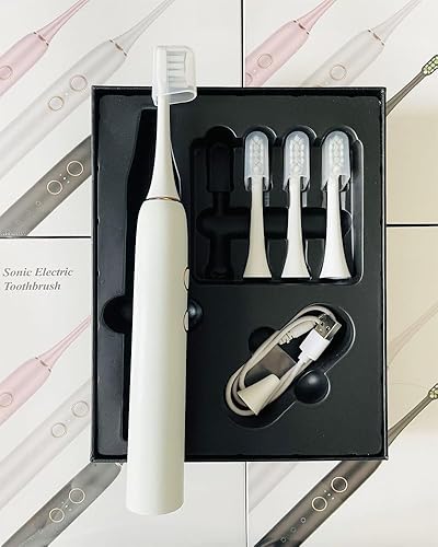 Miniatura 5 de Cepillo de dientes eléctrico sónico con 4 cabezales de cepillo, IPX7, impermeable, 4 modos, cepillo de dientes eléctrico para adultos, 3 niveles de