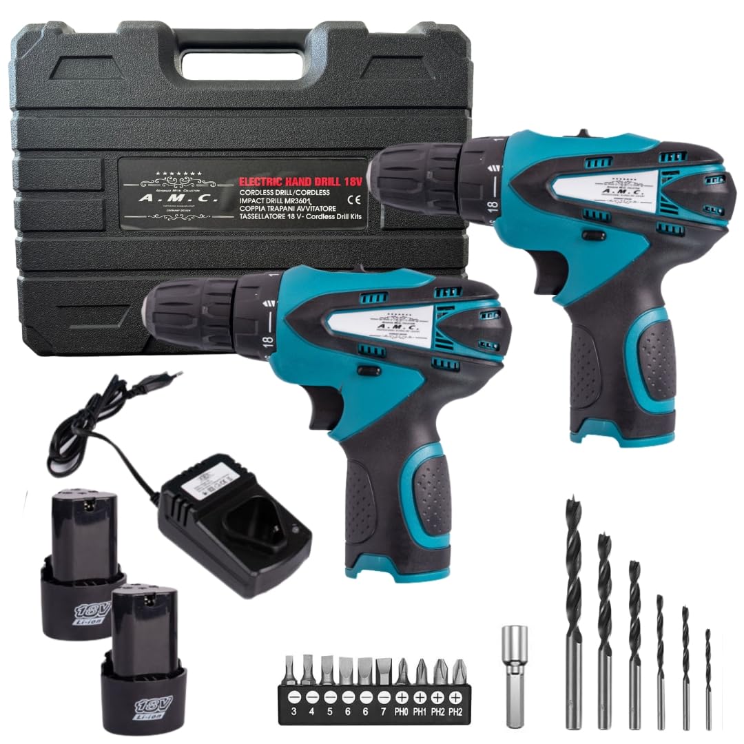 AMC Coppia Trapano Avvitatore a Batteria Professionale 18V, Avvitatore a Batteria con 2 Batterie, 2 Velocità, 17 Accessori, Luce a LED, Mandrino Autoserrante con Impugnatura Ergonomica, Per fai da te