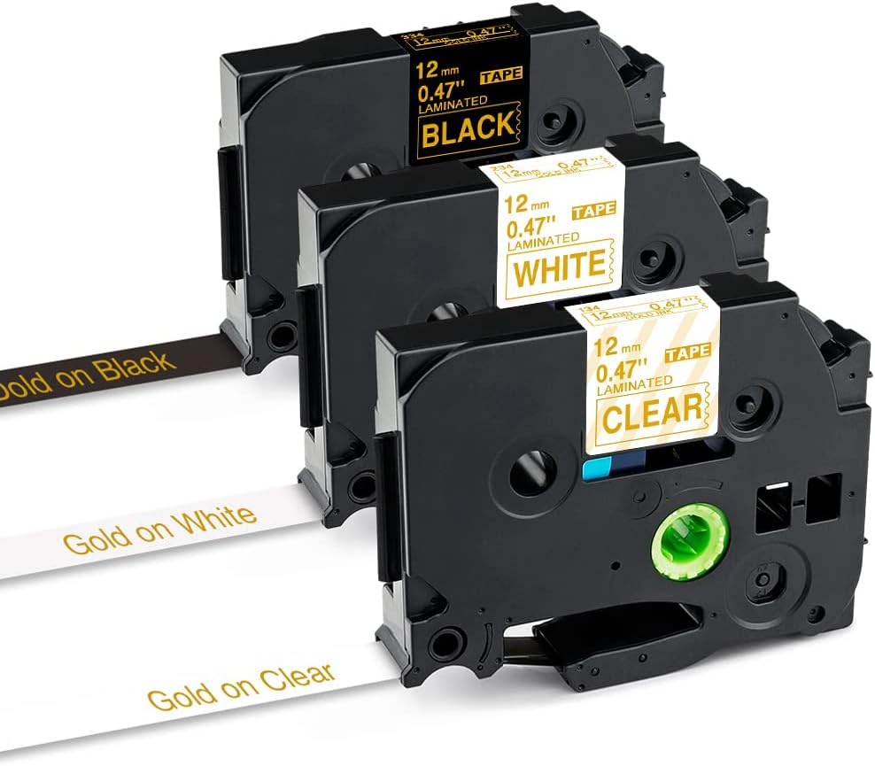 Greateam Compatible Label Tape Replacement for P-Touch Tape 12mm 0.47" Brother 1/2Inch TZe Label Tape TZe-134 TZe-234 TZe-334 (Gold on Clear/White/Black) for Brother PT-D210 PT-D400 PT-D600 PT700, 3PK