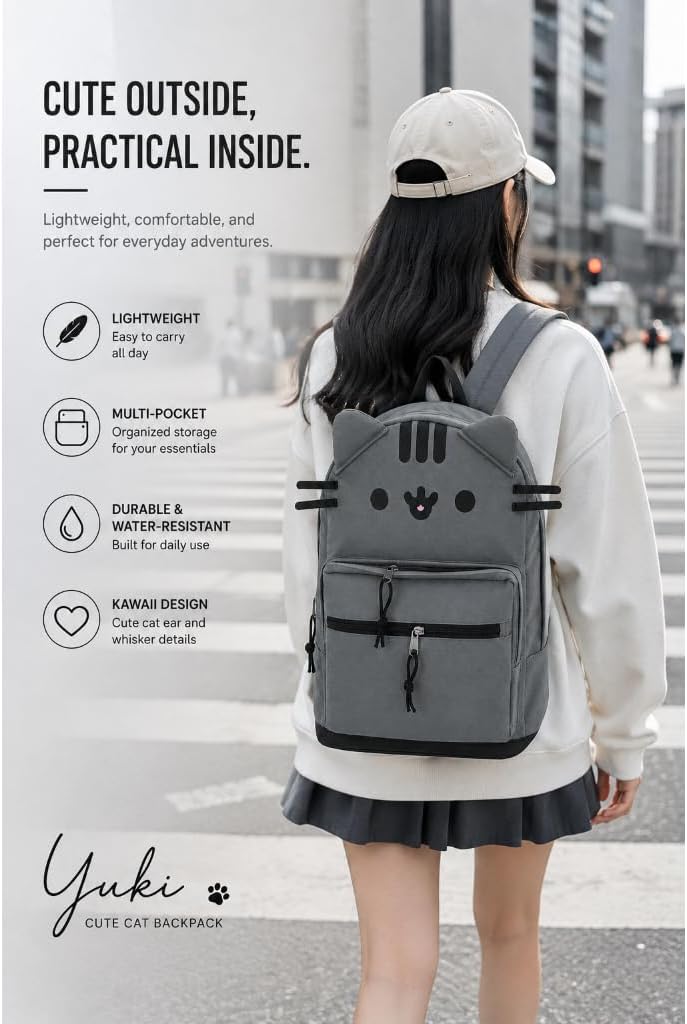 Cute Cat Ear Backpack, Lightweight Kawaii Casual Travel Daypack with Multi Pockets, Dark Grey & Light Grey (Dark Gray)