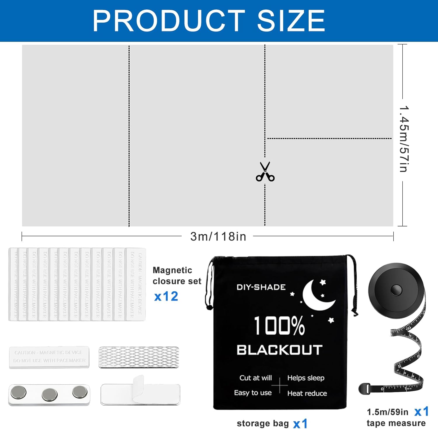 100% Blackout Curtains for Bedroom,Magnetic Blackout Blind Window Shades Black Out Window Cover for Living Room,Cut to Any Size/Shape (White,118"x57")