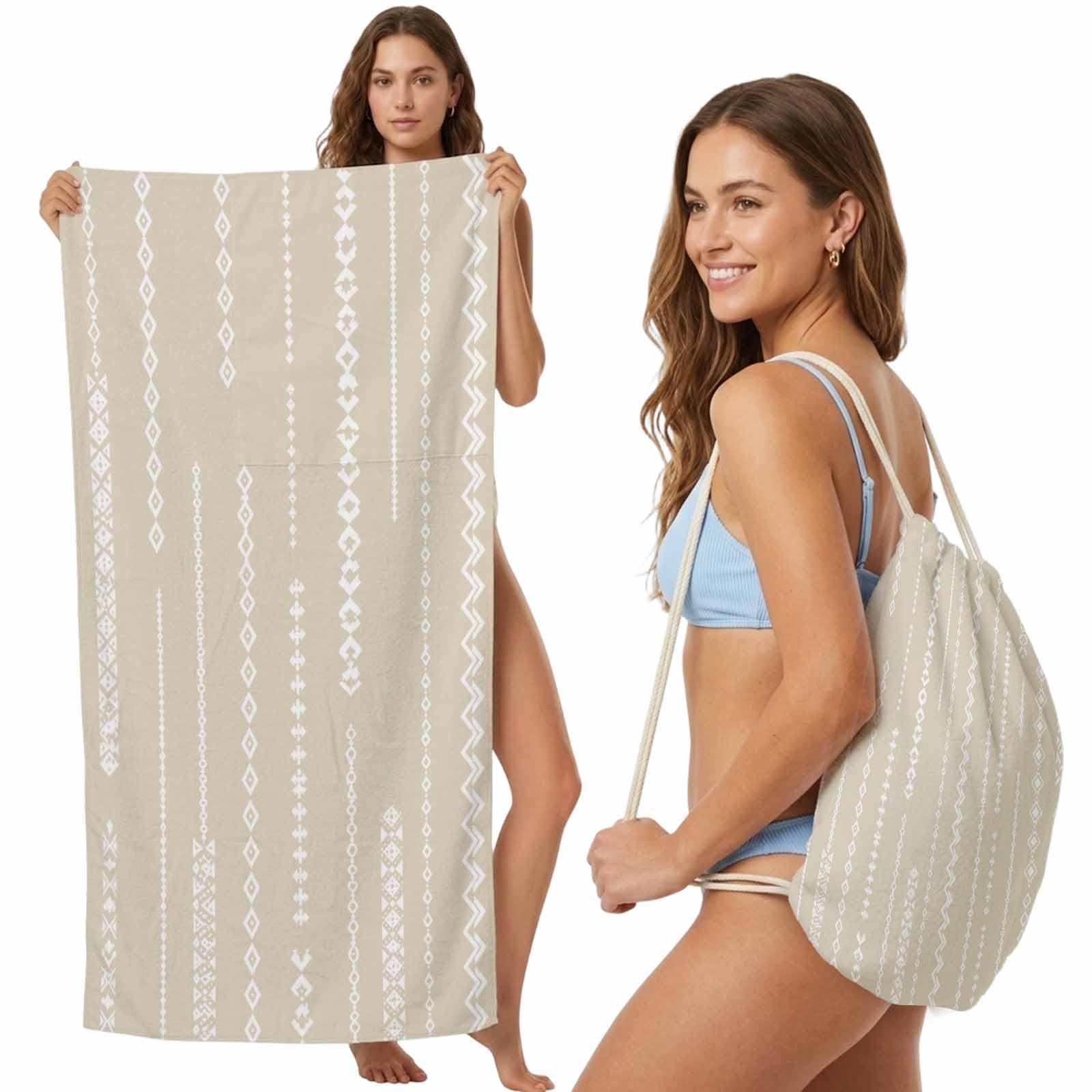 Beach Towel Bag 2 in 1 Beige Stripes Bath Pool Towels Backpack Bohemian Diamond Striped Absorbent Beach Towel Soft Quick Dry Lightweight Packable Towels Drawstring Bag for Travel Camping Sports Yoga