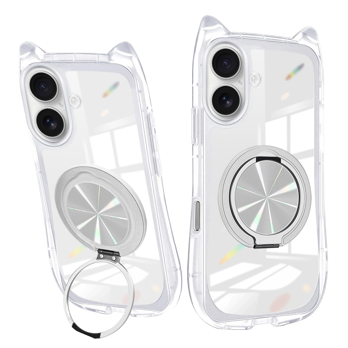 iPhone 17 ケース 猫耳 クリア 薄型 いphone 17 カバー 軽量 MagSafe対応 TPU 韓国 ねこ アイフォン17 携帯ケース リングホルダ付き 車載ホルダー 120°反転 360°回転 転倒防止 かんしょうほご 耐久性 黄変防止 ひっかき防止 やわらかい ポータブル 磁力強 ワイヤレス充電 (透明)