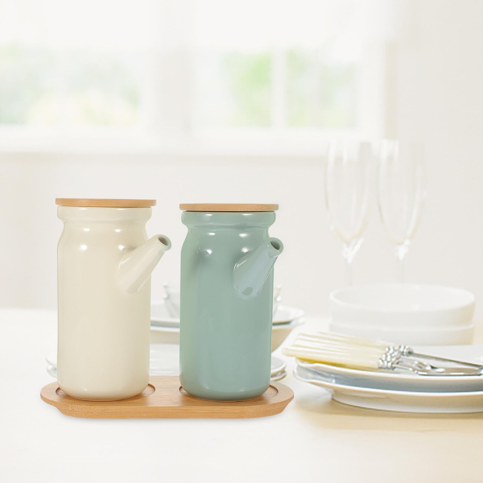 Set de Tarros de Cerámica para Condimentos y Aceitera Vinagrera de Cerámica en Beige y Verde Claro, Control Antigoteo, para Cocina Doméstica y Restaurante, 2 Piezas