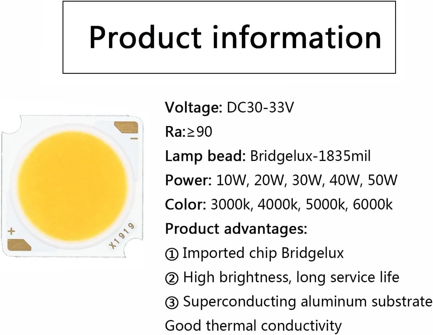 4pcs 10W 20W 30W 40W 50W Bridgelux Chip LED COB Light-Emitting Diode CRI≥90 Lamp Bead 19mm DIY for LED Bulb Spotlight Accessorie(White Light 5000k,40W 1100-1200mA)