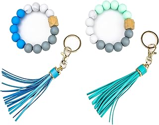 hengtai Beaded Keychains for Women 2PCS Silicone Key Ring Bracelet with PU Leather Tassel Stretchy Wristlet Keychains Women for Car Keys Waterproof Portable Keys Ring Holder
