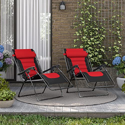 Belleze Oversized Zero Gravity Chair Set Of 2, Xl Padded Recliner Folding Adjustable Outdoor Patio Lounge Chair With Headrest, Cup Holder, Side Tray For Lawn, Camping, Backyard - Red #TOP5