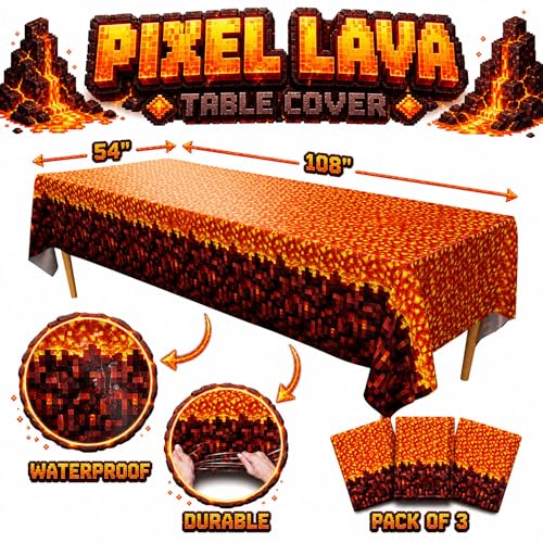 Image of Blue Orchards Pixel Lava Tablecover (Pack of 3) 108 inch x 54 inch - Immersive Lava Themed Gaming Tablecloth, Accent and Backdrop, Gift Wrap, Lava Block Style Party Table Cover, Lava Rock Inspired