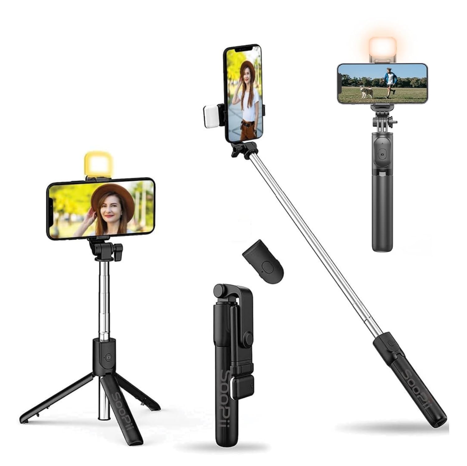 SooPii Selfie Stick Tripod with Fill Light, 7.5-28inch Phone Tripod Stand with Wireless Remote, 3 in 1 Multifunctional Extendable Selfie Stand, Gimbal Mobile Stick Perfect for Selfies/Live Streaming