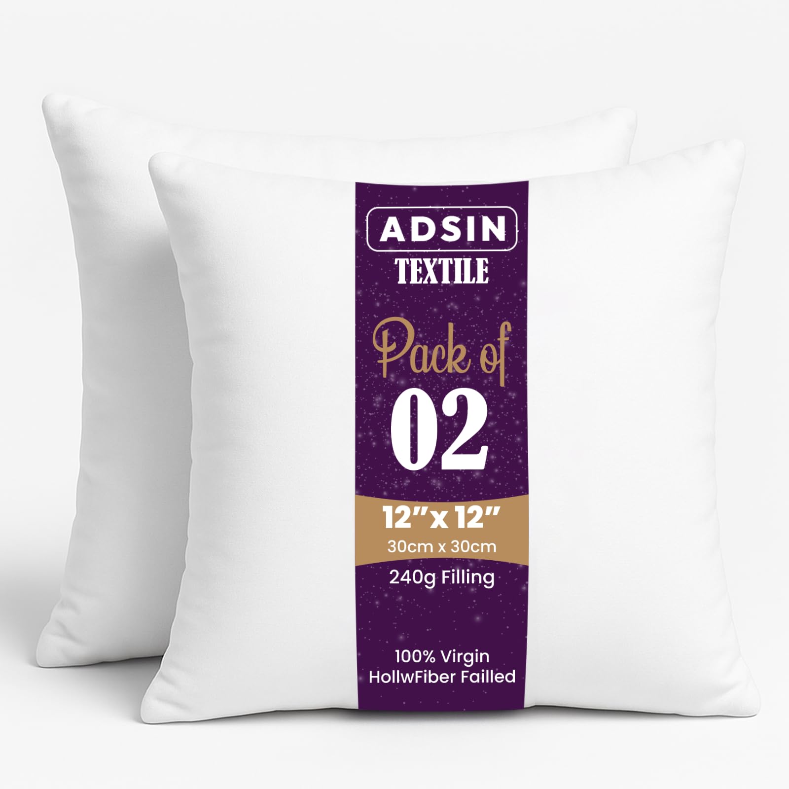 Adsin 12 X 12 Set Of 2-30Cm X 30Cm Hollowfibre New White Hollowfiber Cushion Pad Inner Stuffer Pillow Polyester Insert Square Hypoallergenic (Pack Of 2 | 12" X 12")