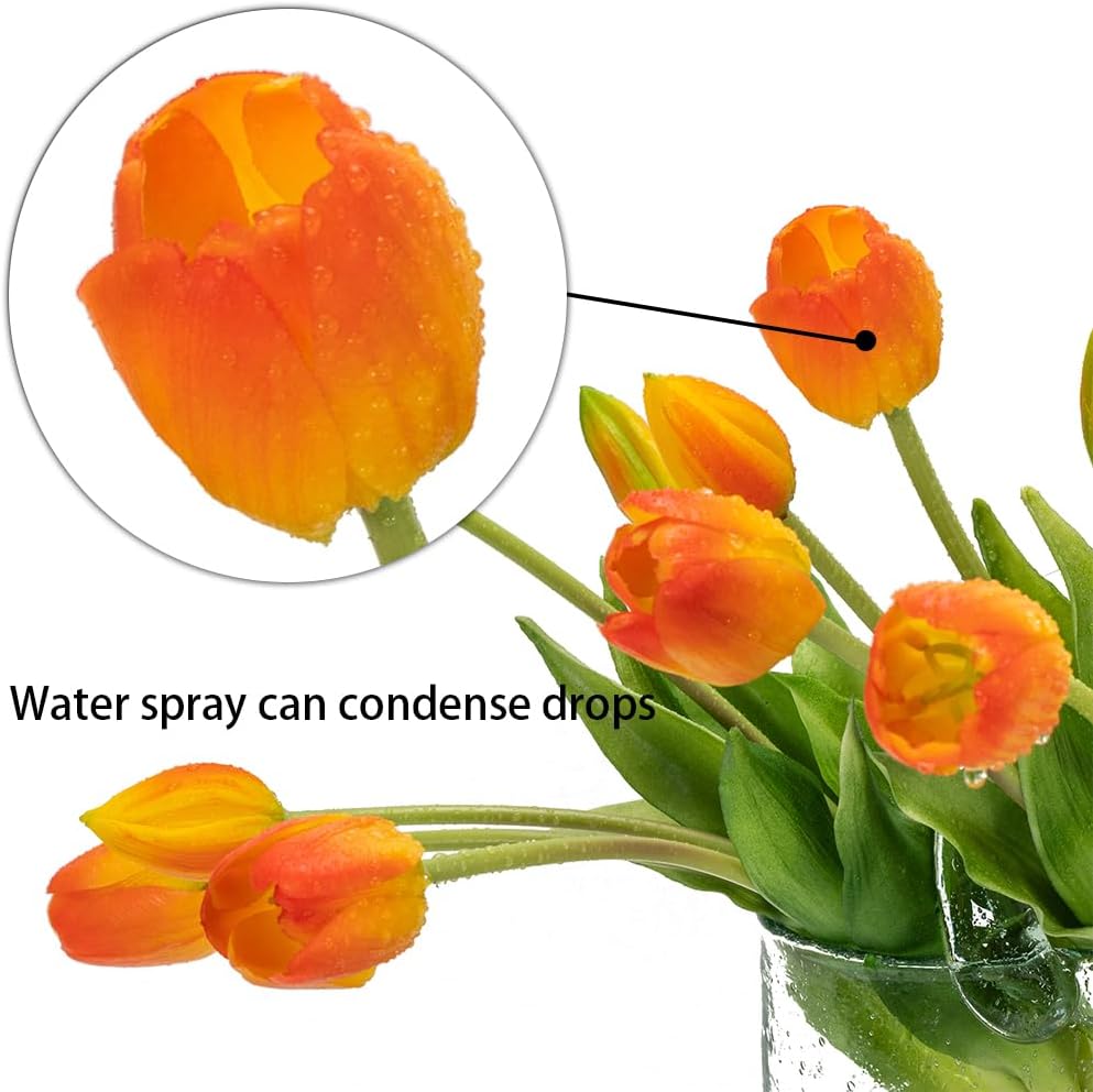 DUYONE 15pcs Artificial Tulips Flowers, Latex Bouquet, Fake Tulips for Office Wedding Party Home Kitchen Garden Decoration(Orange,15pcs)