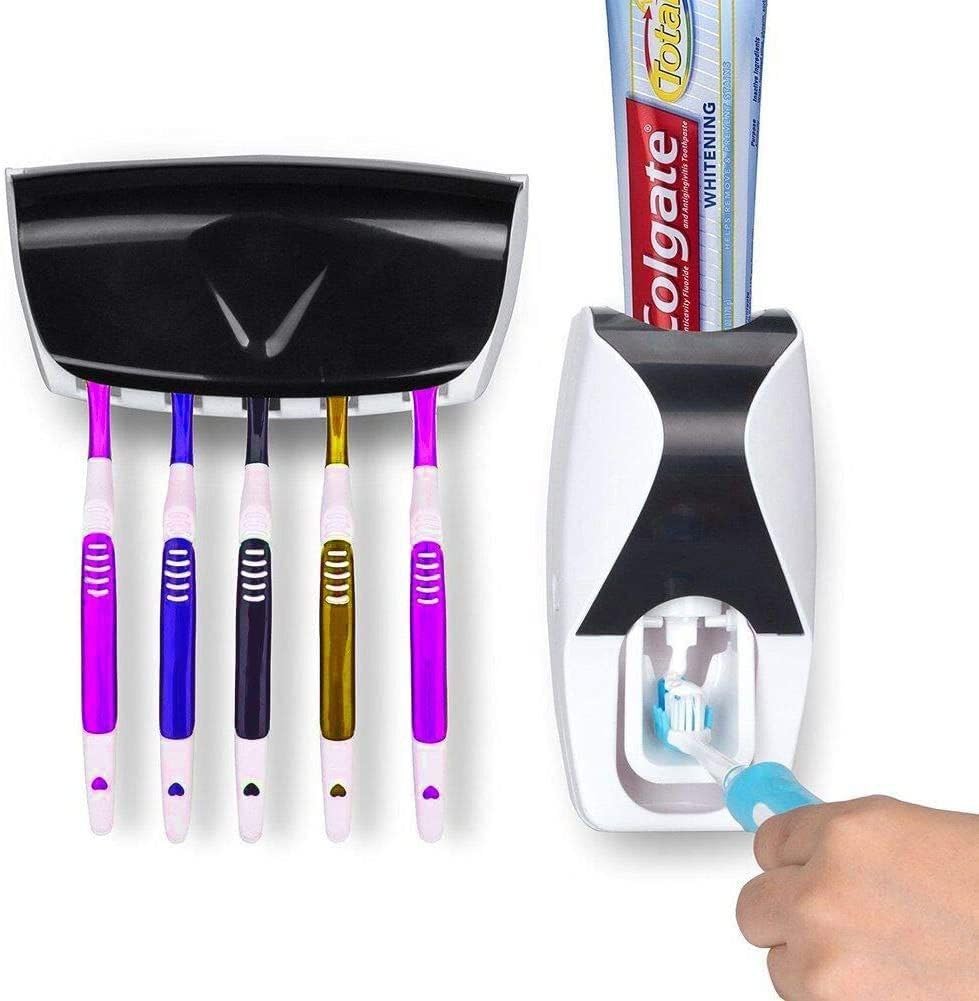 Automatic Toothpaste Dispenser with 5 Toothbrush Holder | Hands Free Wall Mounted Toothpaste Squeezer | No Drill Bathroom Organizer | Hygienic Toothpaste Press | Family Toothbrush Storage Rack-image-2