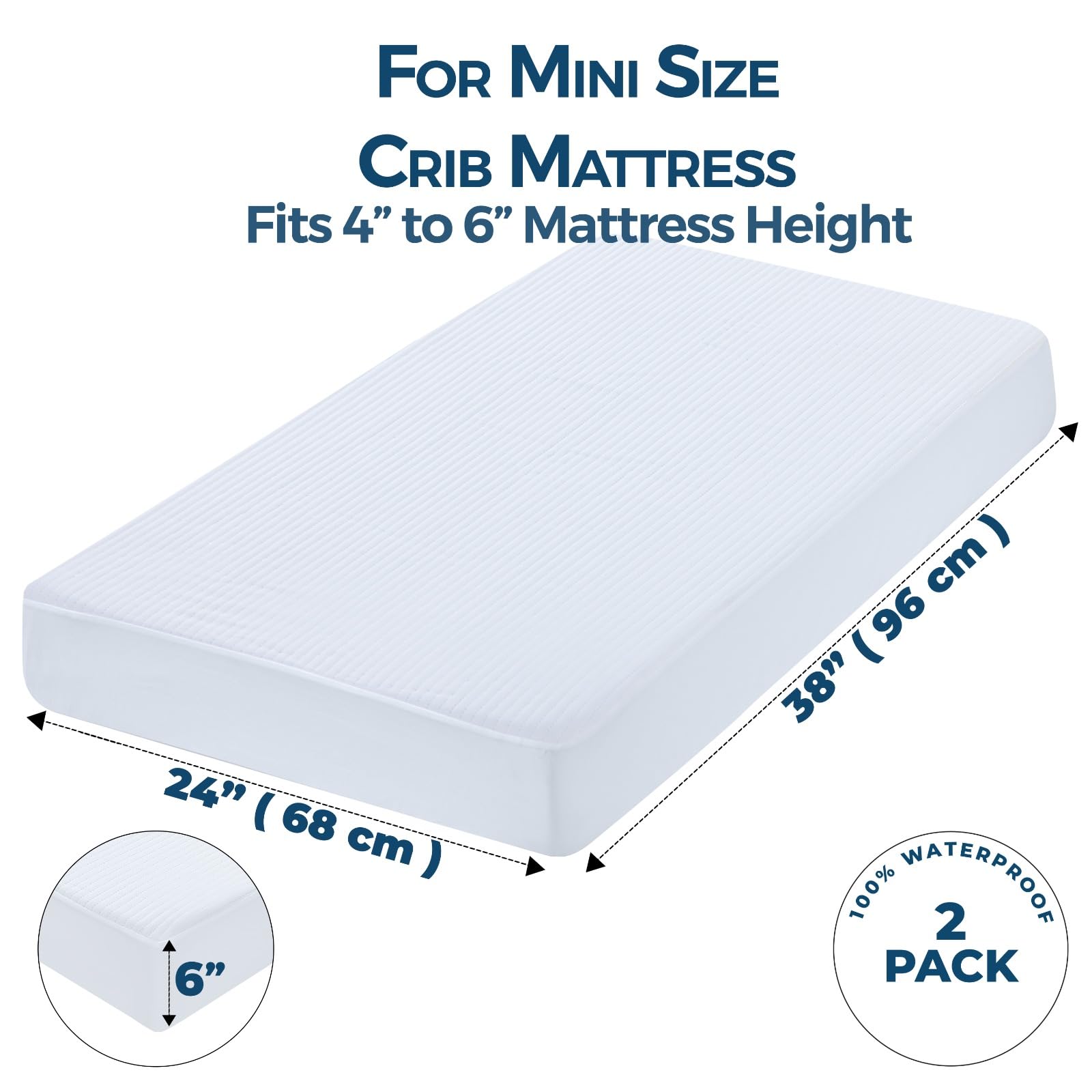 Protector de colchón impermeable para cuna de 38 x 24 pulgadas, paquete de 2, funda acolchada para colchón de cuna, ultra suave y transpirable, lavable a máquina, protector de colchón para niños