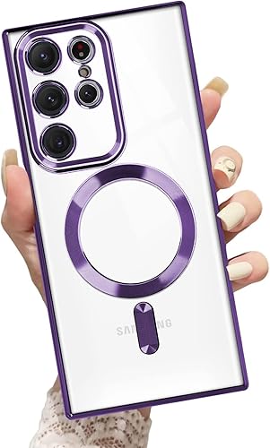 OOK Funda magnética transparente para Galaxy S22 Ultra, compatible con MagSafe, diseño de corazón de amor, funda galvanizada de TPU suave a prueba