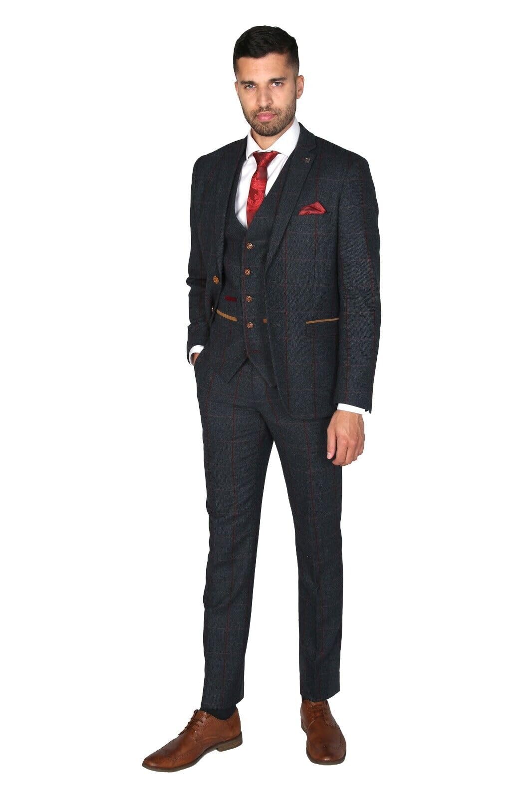 Abito da Uomo in Tweed a Spina di Pesce Blu Navy Venduto separatamente - Set da 3 Pezzi su Misura per Matrimonio e Lavoro