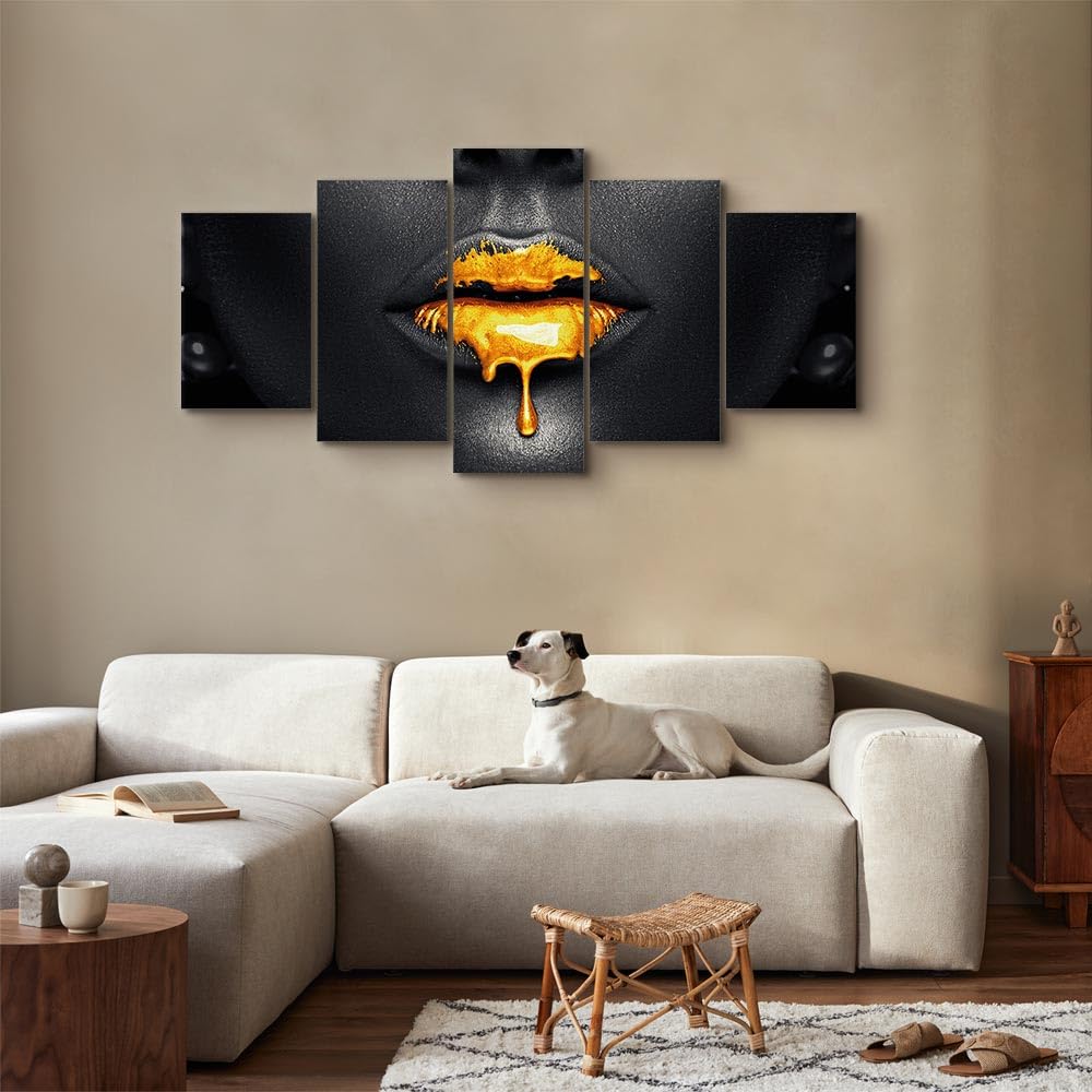 murando Cuadro en Lienzo Abstracto 225x112 cm 5 partes Impresión en Material Tejido no Tejido Impresión Artística Imagen Gráfica Decoracion de Pared Labios Cara Negro h-B-0123-b-m