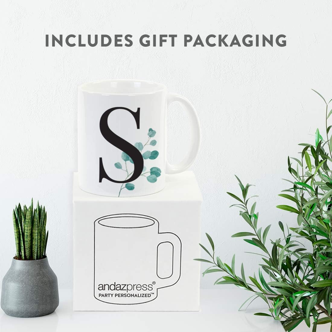 Andaz Press 11oz. Coffee Mug Gift, Eucalyptus Leaves Greenery, Initial Monogram Letter S, 1-Pack, Includes Gift Box, Christmas Birthday Mother's Day Graduation Coworker Present Ideas