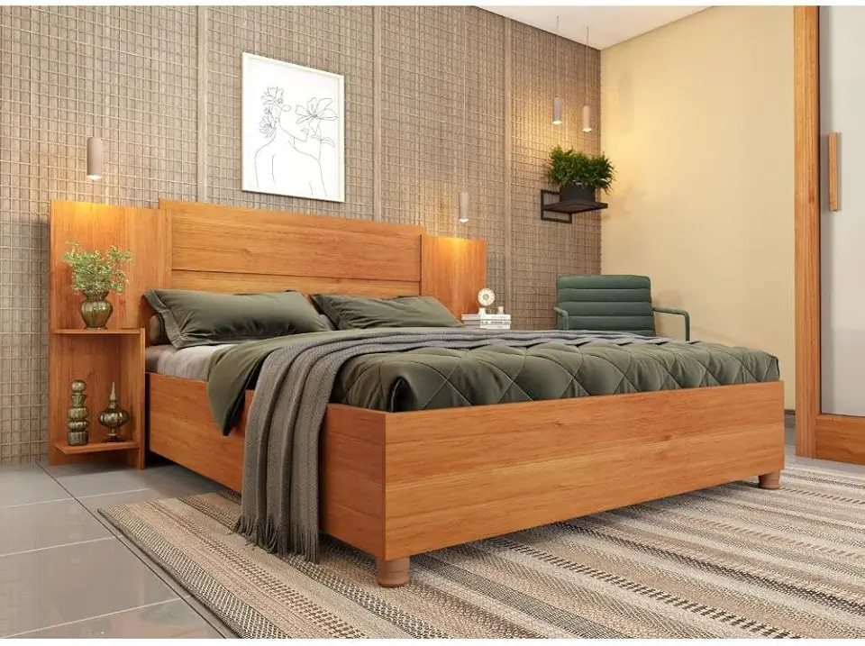 Cama Box Casal Monaco Queen com Painel e Mesa de Cabeceira Cinamomo