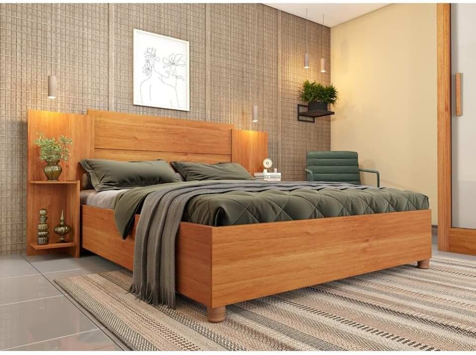 Cama Box Casal Monaco Queen com Painel e Mesa de Cabeceira Cinamomo