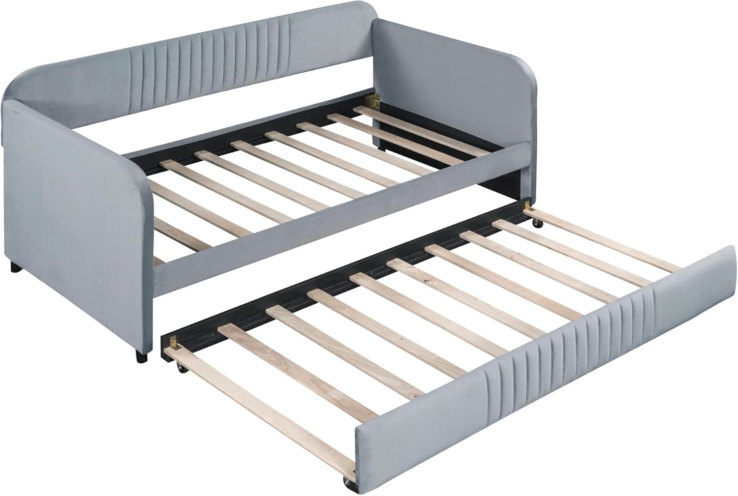 Merax Twin Size Upholstered Daybed with Trundle Bed and Wood Slat, Gray Velvet Sleeper Sofa Bed, No Box Spring Needed
