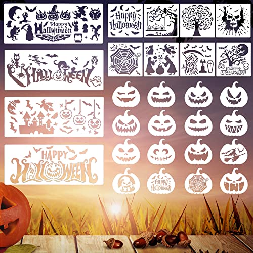 Halloween Stencils Kit (28 pcs) - lyfLux Reusable Pumpkin Carving Templates Durable PET Material for Halloween Decorations DIY Crafts Wall Murals & Party Decor