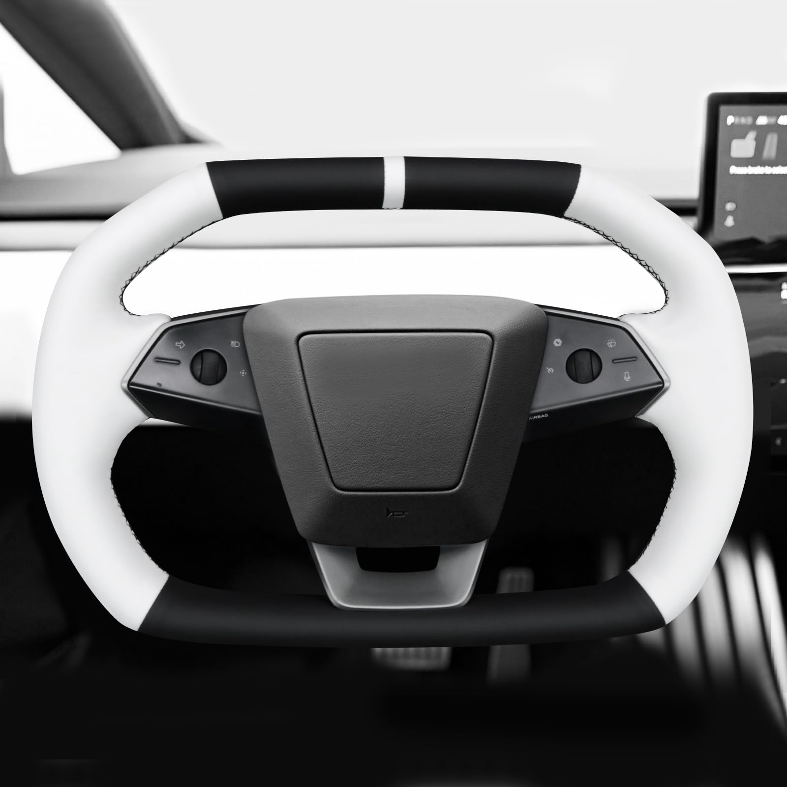 MEWANT Funda de volante de cuero de costura DIY blanca para volante de Tesla Cybertruck 2023-2025 Accesorios de volante para accesorios interiores de Cybertruck