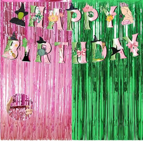 Green and Pink Party Decorations, Glitter Streamers Backdrop Birthday Decorations With 1 Party Banner, Tinsel Foil Fringe Curtains for Disco Birthday Decor (3.28 X 8.2 Ft)