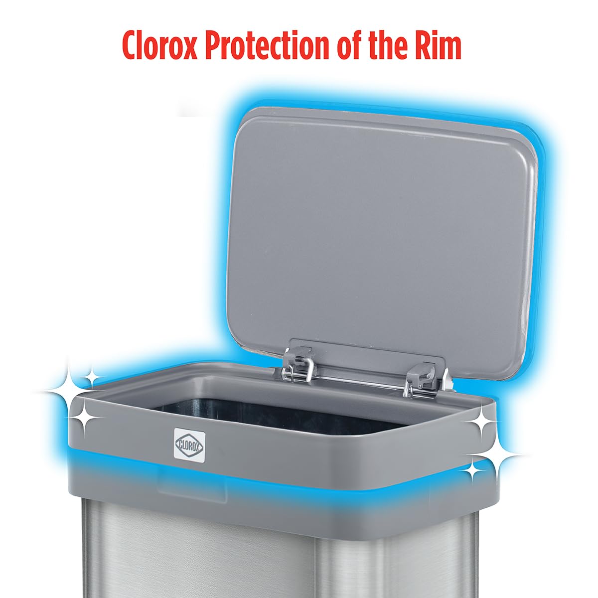 Clorox 13 Gallon Trash Can - 50L Kitchen Trash Can with Wide Step Pedal - Rectangular Stainless Steel Garbage Bin with Hinged Rim and Odor Protection