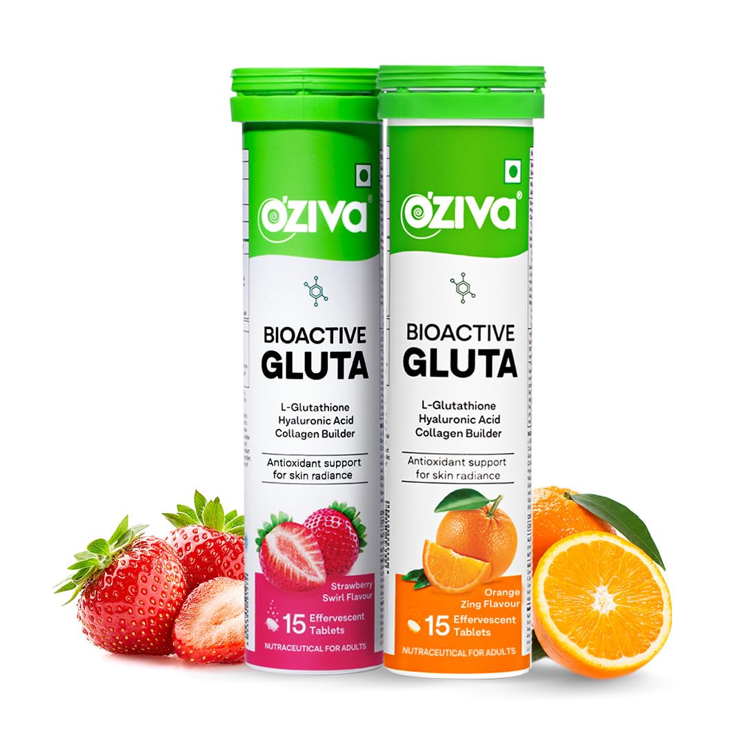 OZivaBioactive Glutathione Tablets for Radiant Skin - 30 Effervescent Tablets (Pack of 2) | L-Glutathione, Vitamin C, Lycopene For Skin Glow & Anti-Pigmentation | Strawberry Swirl and Orange