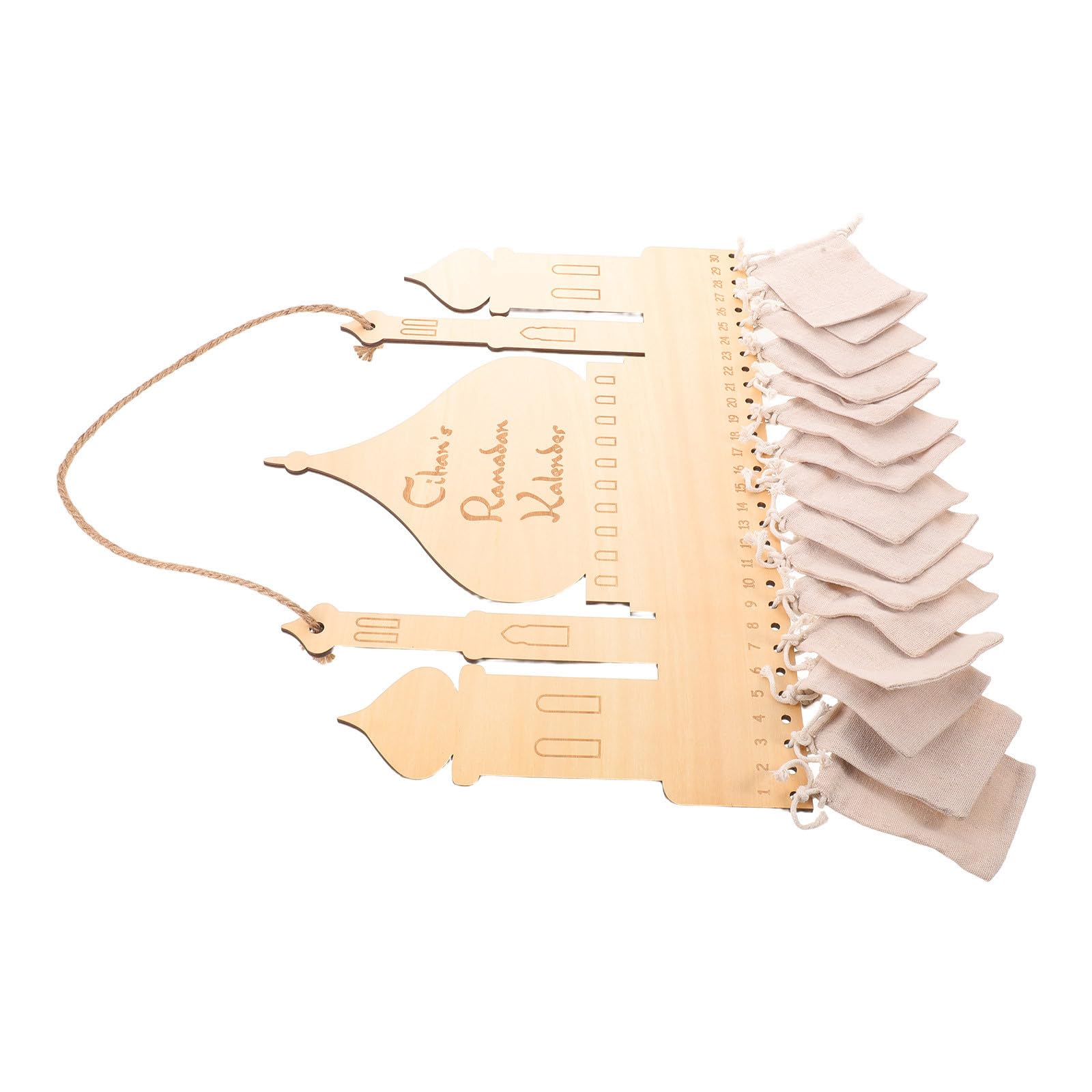 TOYANDONA Calendario Avvento Ramadan in Mdf e Lino Beige con 30 Tasche, Design Fortezza Mediorientale Rustico, Calendario Interattivo per Conto alla Rovescia, per Casa e Negozi