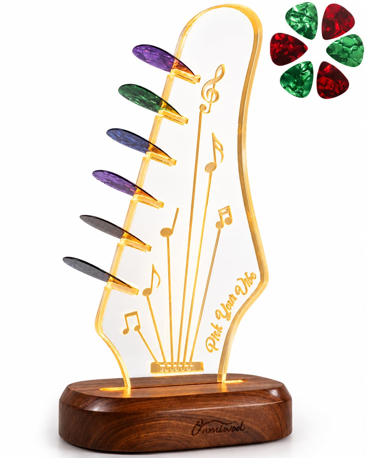 Light Up Guitar Pick Holder with 6 Picks, Electric Guitar Headstock Acrylic & Acacia Wood…