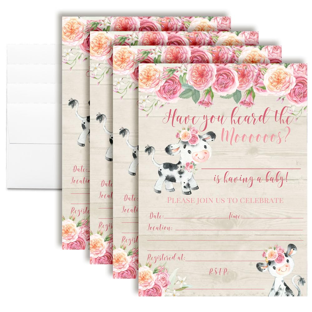 Watercolor Pink Floral Cow-Themed Baby Sprinkle Shower Invitations, 4 5x7 Fill In Cards with Four White Envelopes by AmandaCreation