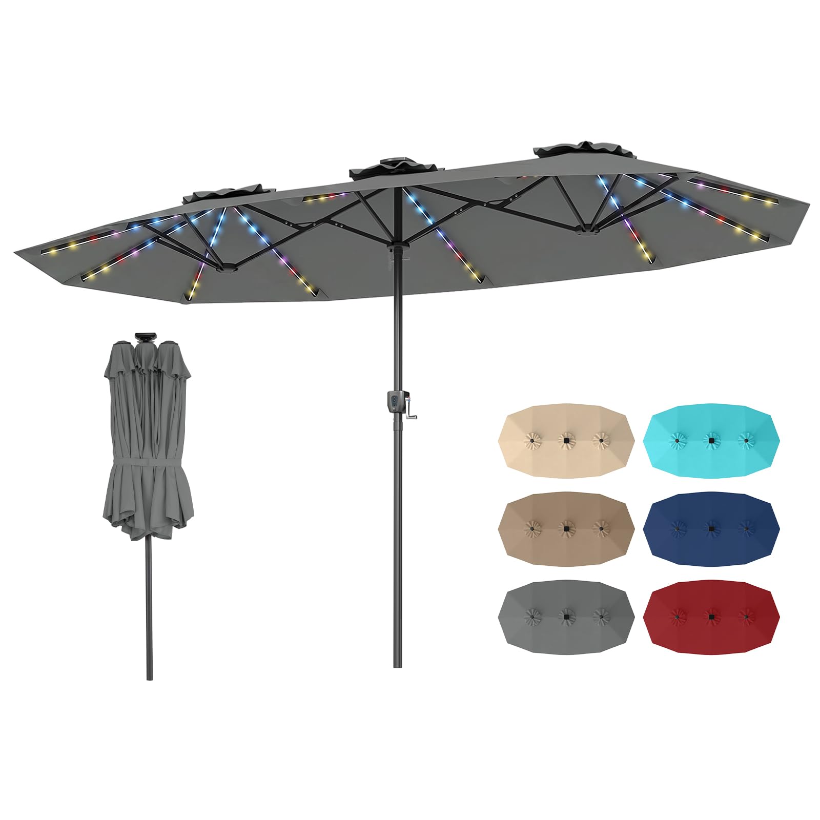 COSTWAY Doppelsonnenschirm 375x200cm, Doppel Sonnenschirm mit LED-Solar-Beleuchtung, 12 Beleuchtungsmodi, 2 Lademöglichkeiten, Gartenschirm mit Kurbel, Terrassenschirm, Marktschirm (Grau)