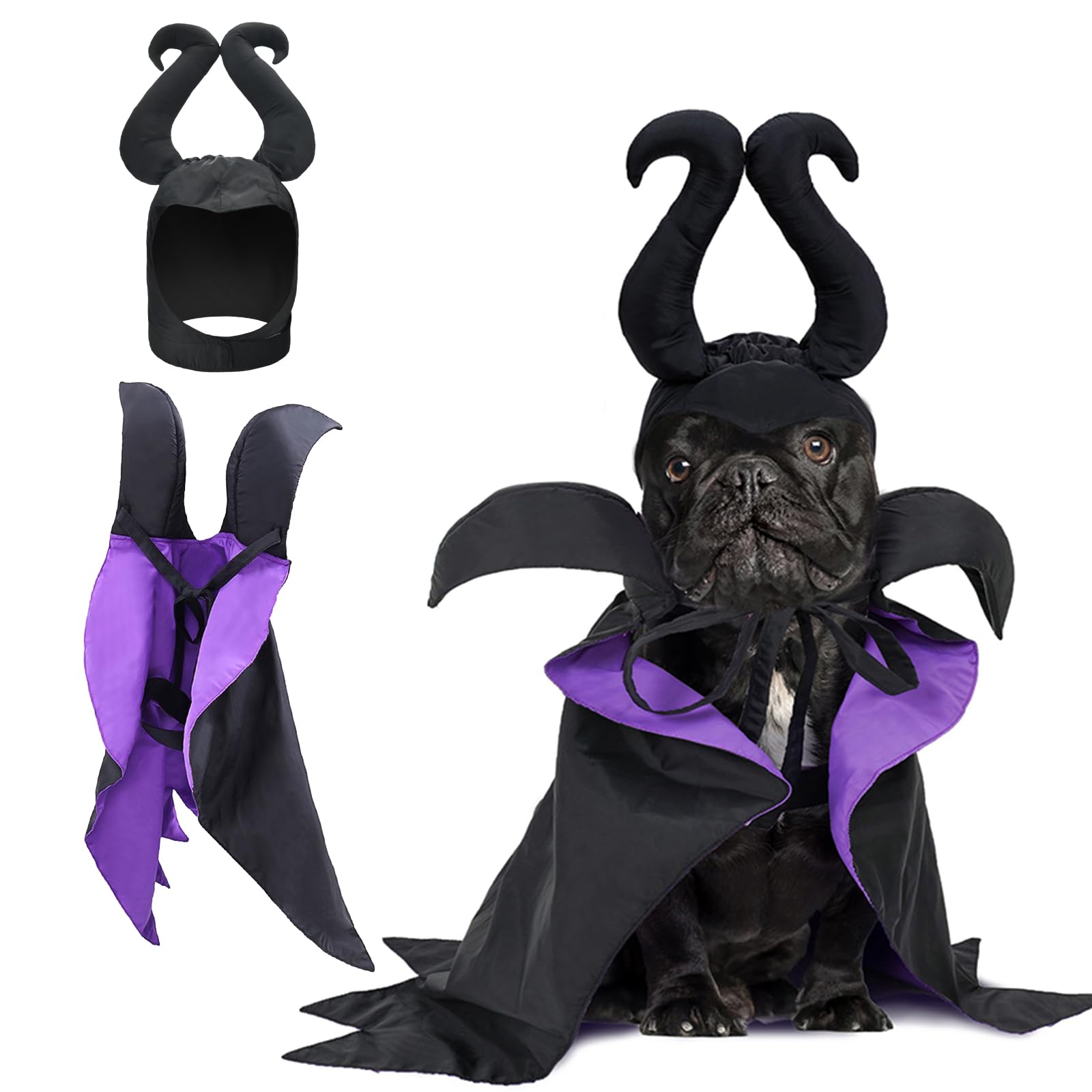LyssKMK Witch Costume - Dog & Cat Halloween Cloak & Hat with Devil Horns & Vampire Teeth - Small & Medium Sizes