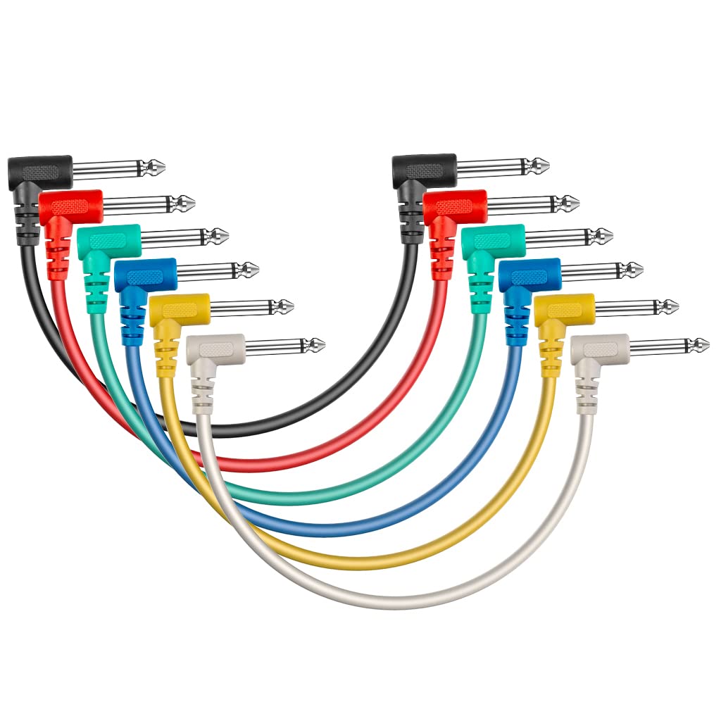 DXMKOP12 Inch Guitar Patch Colored Cable 6-Pack, 1/4 Instrument Cables for Effect Pedals Right Angle Patch Cable Right Angle Pedal Cable Kit