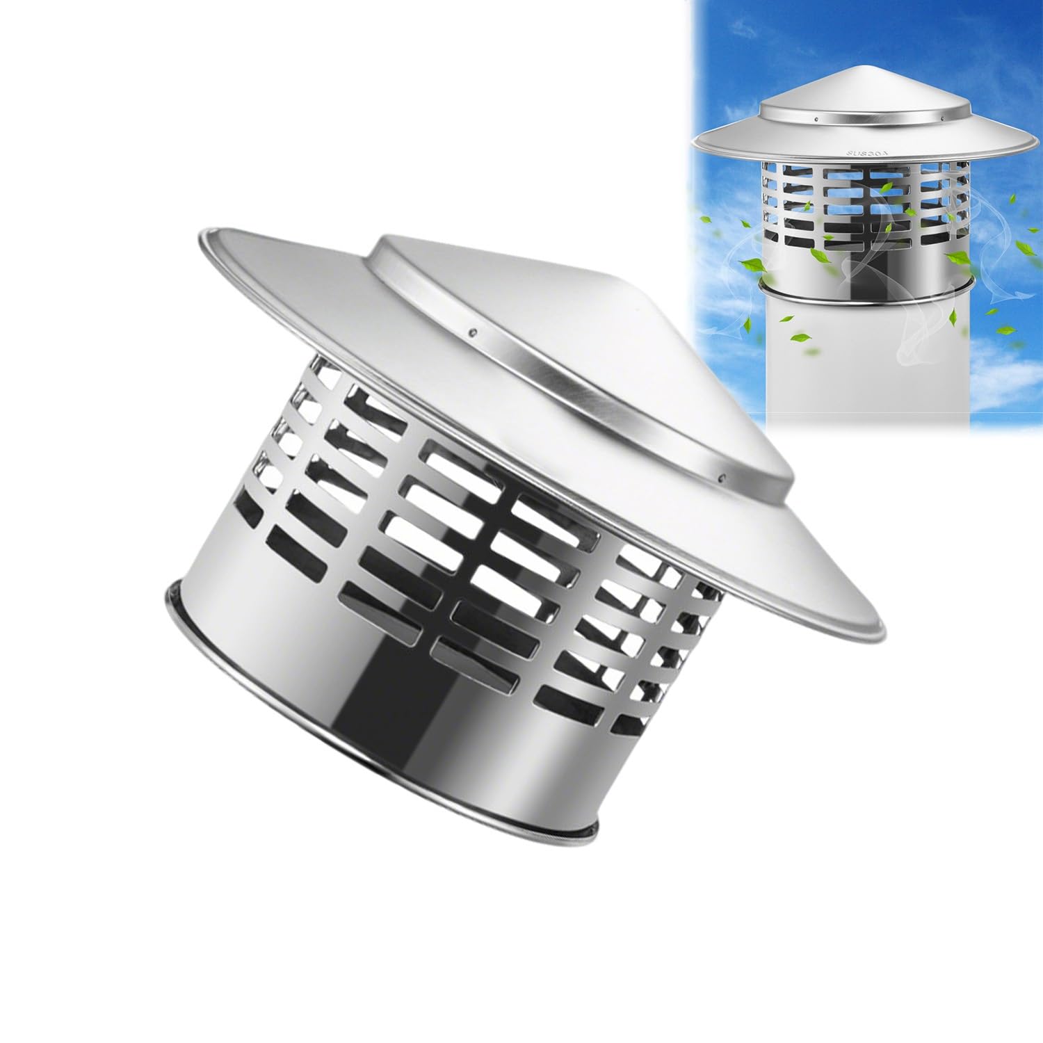Tapa de Chimenea de Acero Inoxidable Sombrerete Chimenea Sombrerete Antilluvia Caperuza Salida Humos con Antipajaros 75mm 110mm 220mm para Chimeneas Barbacoas Estufas(300mm)