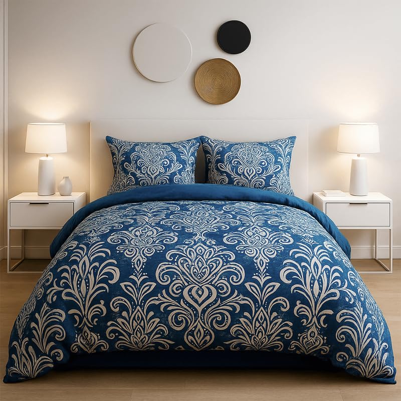 Cozy Haven - Damask Duvet Cover Set - For All-Season, Lightweight Soft Microfibre with 2 Pillow Cases (Blue, S. King)