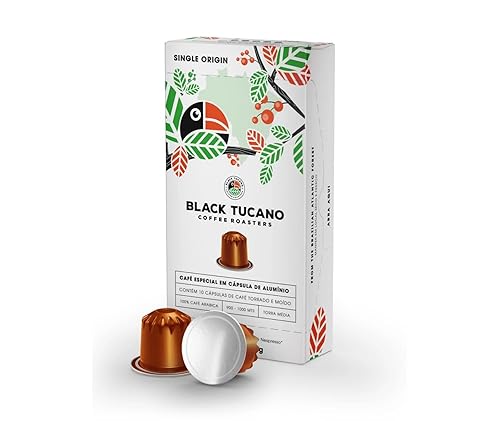 Black Tucano Espresso Single Serve Coffee Cápsulas compatibles, 100% arábica Special 86+ puntos granos brasileños de origen único, tostado medio, 10