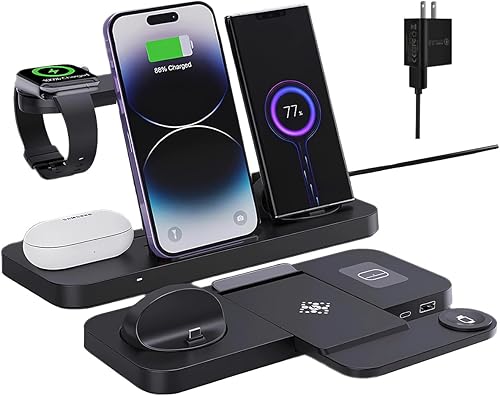 Estación de carga inalámbrica rápida 6 en 1 para iPhone 16151413, Apple Watch Ultra98, AirPods Pro, certificado Qi de 18 W (con adaptador QC3.0)
