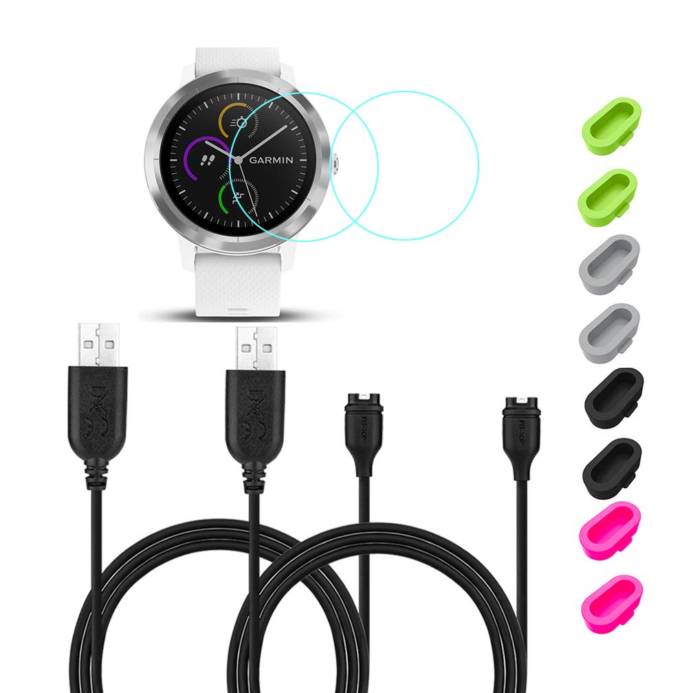 JIUJOJA for Garmin vivoactive 3 Charger,2PACK Charging Clip Sync Data Cable and 2Pcs HD Tempered Glass Screen Protector and 8Pcs Charger Port Protector for Garmin vivoactive 3 Sports Smart Watch