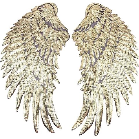1 Pair Sequin Wing Appliques,Large Glitter Wing Patches, Angel Wings Patch Embroidered Motif Trim for Clothing Iron-On Sew-On DIY Design Embellishments (Gold) Cover
