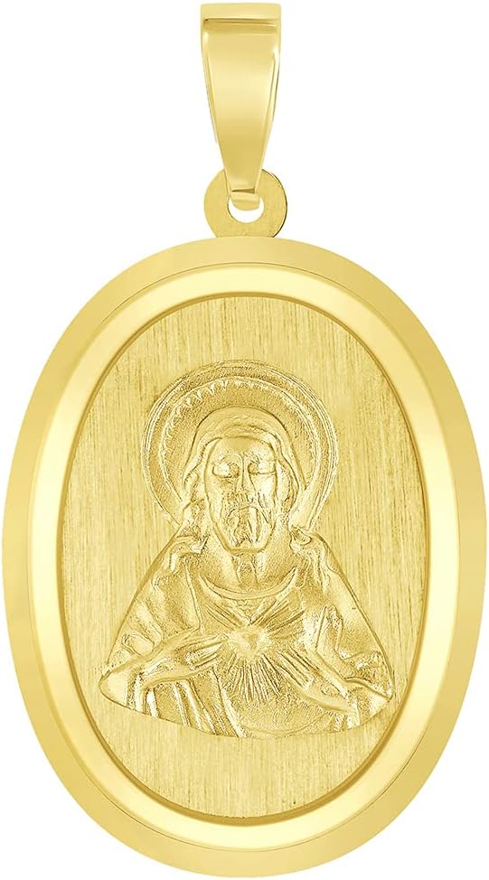 Jewelry America 14k Yellow Gold Sacred Heart of Jesus Christ On Oval Miraculous Medal Pendant with Cuban Chain Curb Necklace - Image 2
