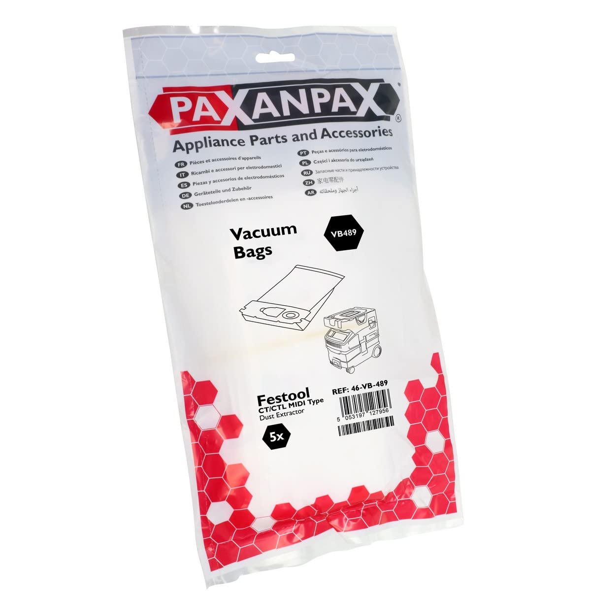 Paxanpax VB489 Lot de 5 sacs pour aspirateur Festool CT/CTL MIDI Type Polyester, Blanc