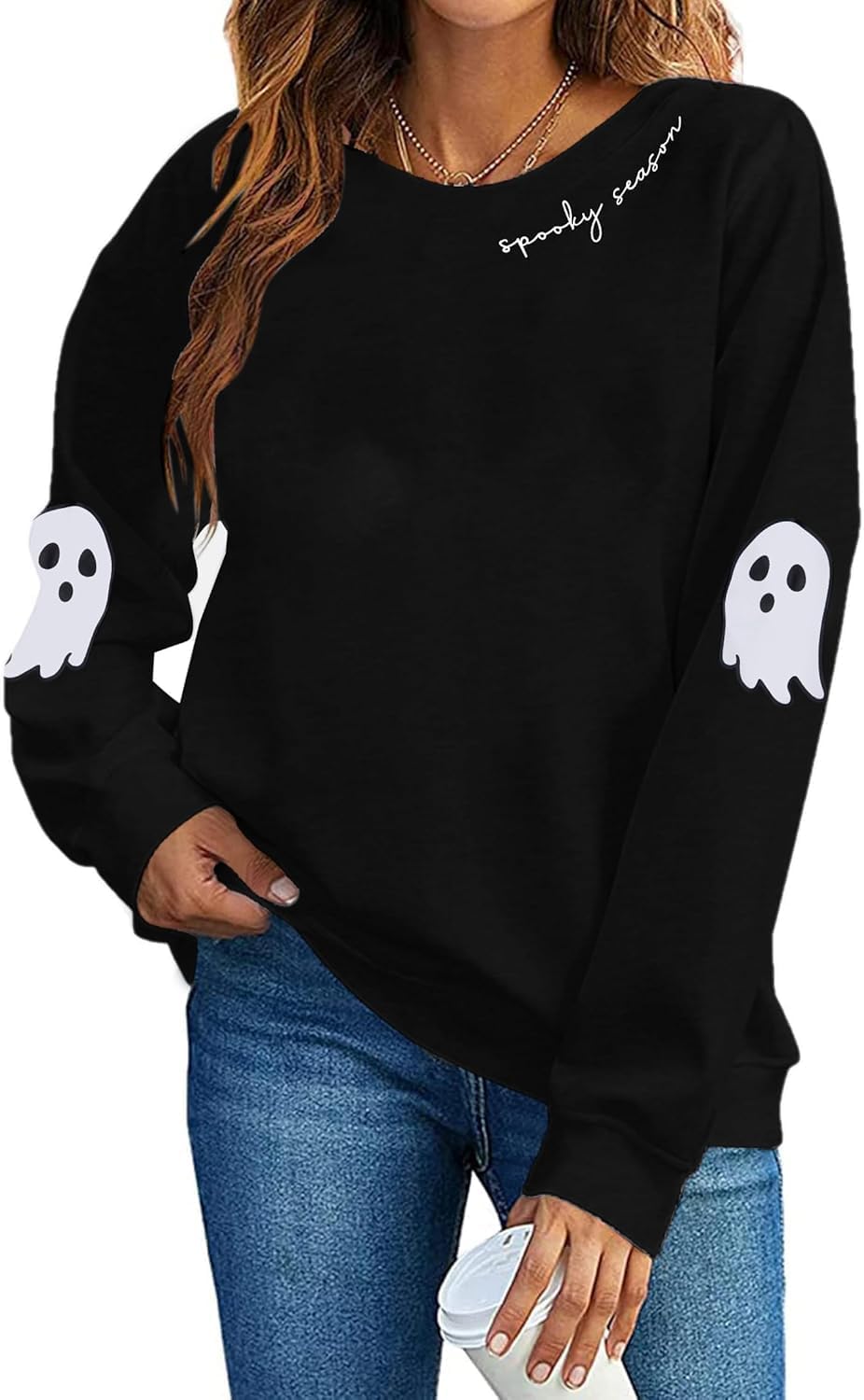 Halloween Ghost Malone Sweatshirts for Women Spooky Season Sweatshirt Cute Ghost Graphic Pullover Halloween Sweater