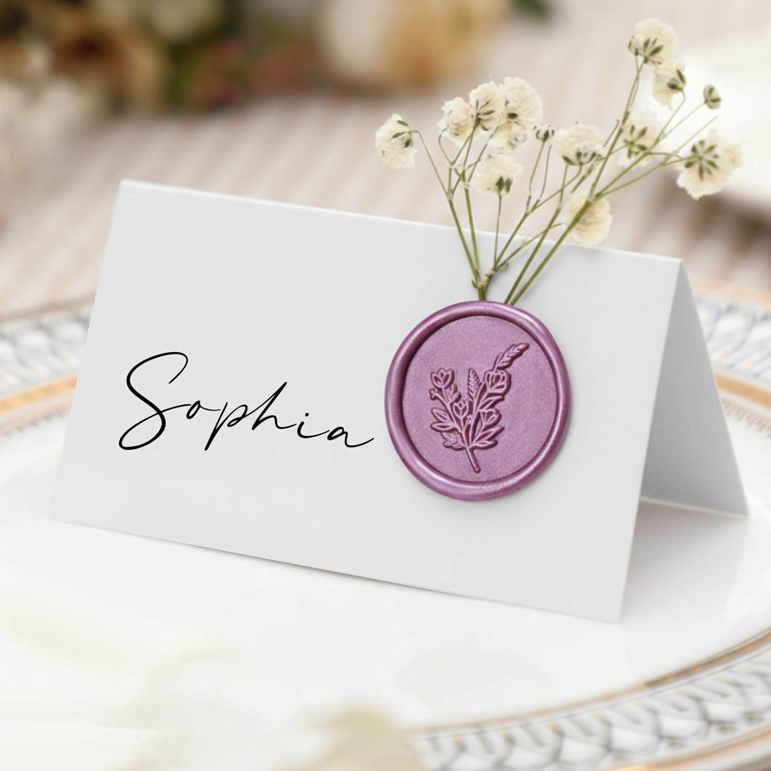 Marspark 100 Pack Wedding Place Cards with Wax Seal and Dried Flowers Table Setting Place Name Card for Wedding Name Card Holiday Birthday Dinner Parties Decorations (Dusty Blue White)