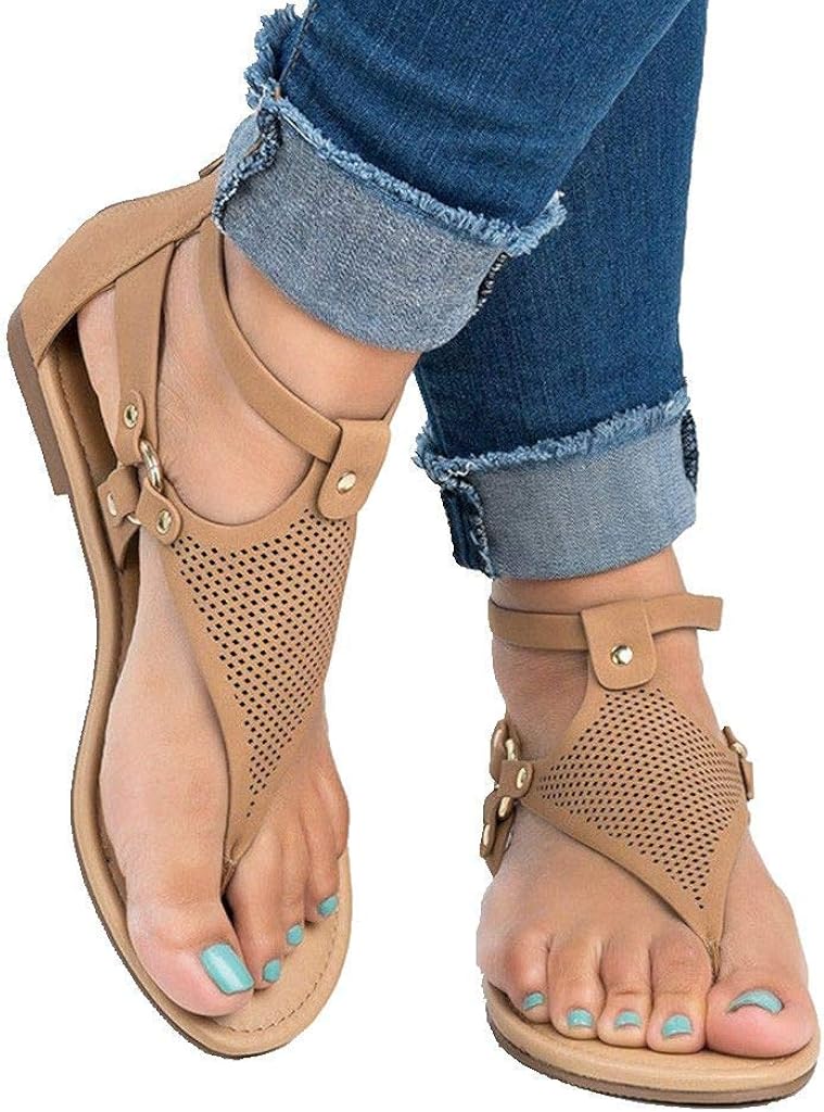 Women's T-Strap Flat Sandal Summer Roman Open Toe Beach Bohemia Ankle High Zipper Toepost Sandals