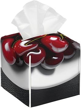 Fresh Cherry Print Leather Tissue Box Cover, Modern Square Tissue Holder for Bathroom Vanity, Home Office, Car
